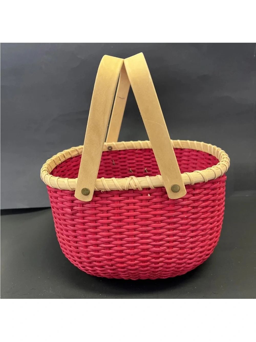 Vintage Red Woven Peterboro Oval Basket With Sugared Fruit & Double Handles 10”